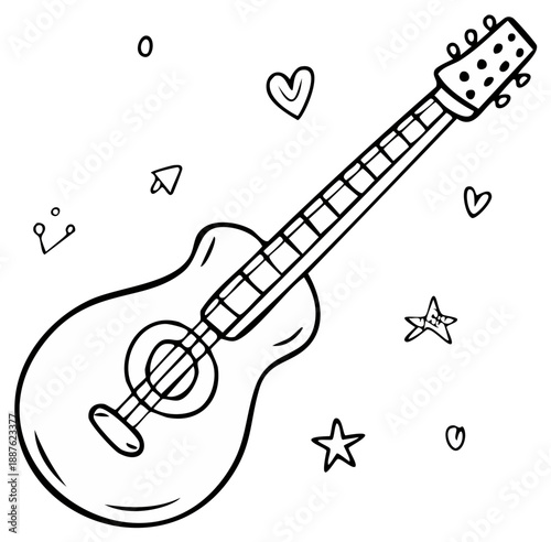 Acoustic Guitar Illustration Musical Instrument Doodle Style with Hearts and Stars