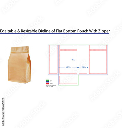 Editable Dieline of Flat Bottom Pouch With Zipper and Dimensions