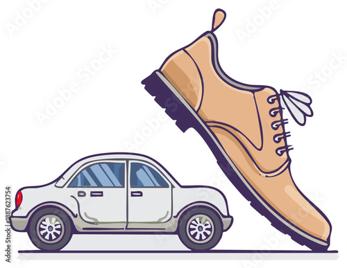 Giant shoe about to crush small car in humorous exaggerated danger concept