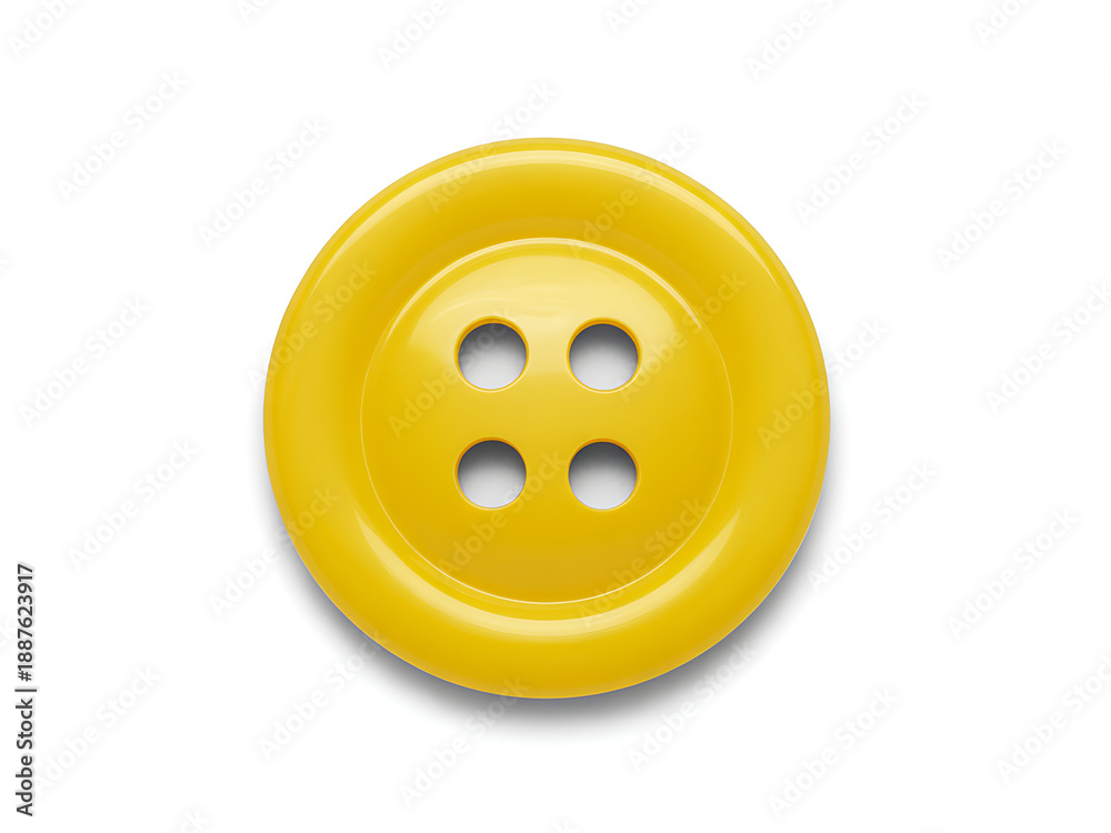 Fototapeta premium A bright yellow four-hole button isolated on a white background, perfect for sewing, craft, or fashion design projects