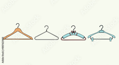 Row of four stylized clothing hangers illustrating various designs for wardrobe organization and display