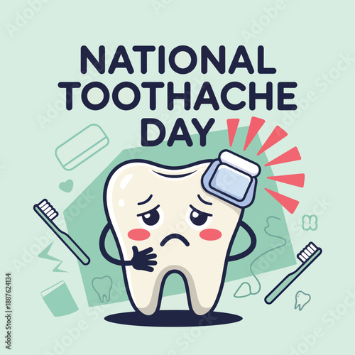 National Toothache Day with a sad tooth wearing sunglasses and holding toothbrushes