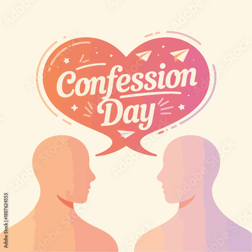 Two people with speech bubble text, confession day heart shape design