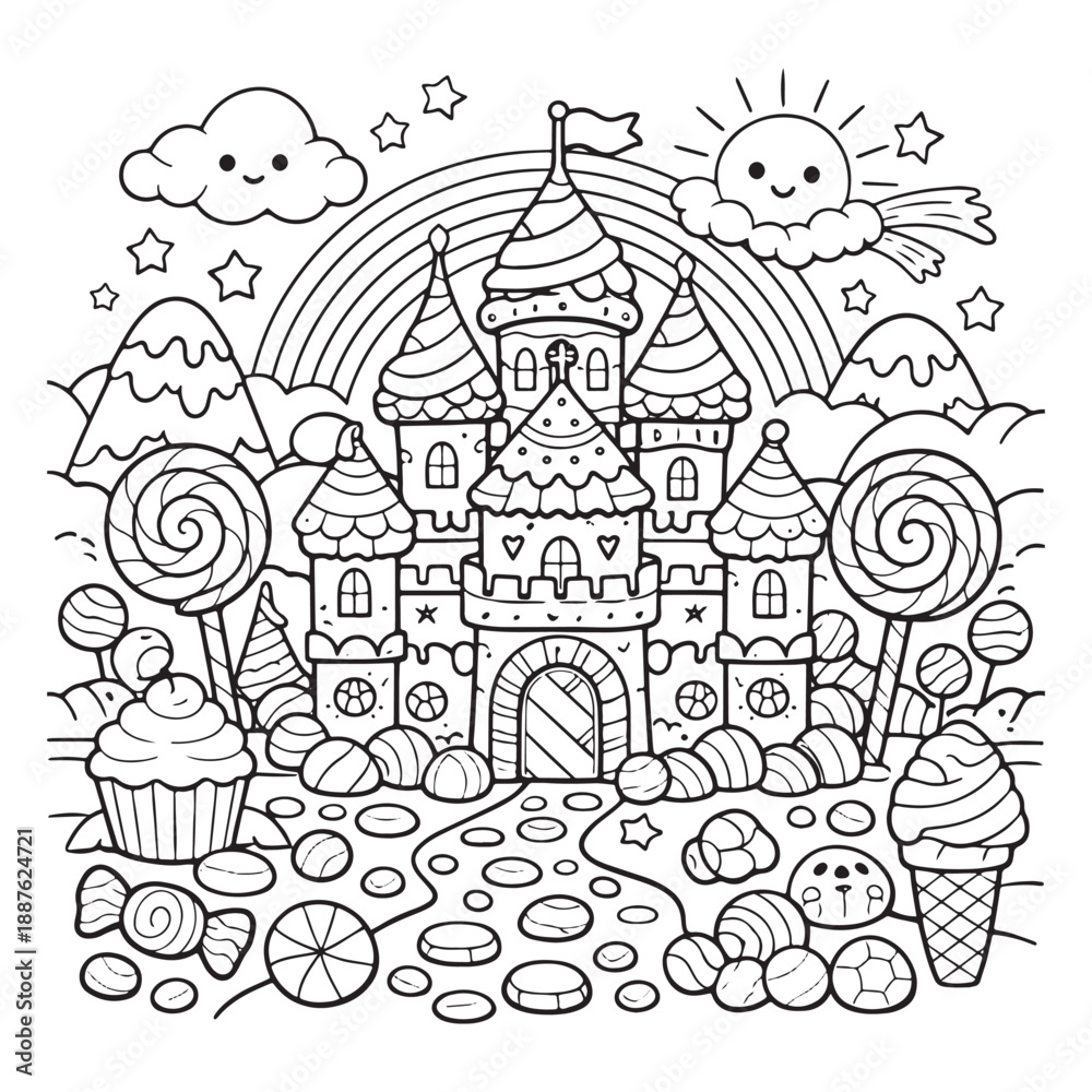 Fototapeta premium Candy Castle Coloring Page, Sweet Fantasy Line Art for Kids
