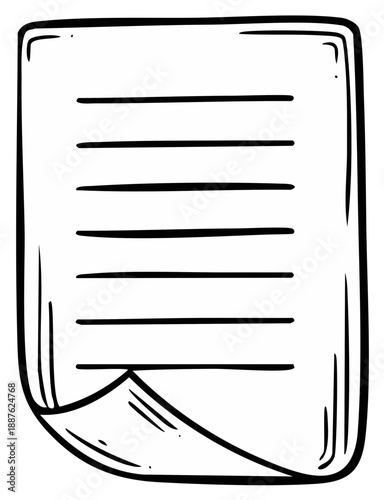 Doodle sketch of a blank lined note paper with a curled corner for writing or lists