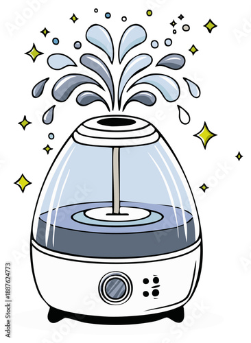 Cartoon illustration of a modern air humidifier with stylized water vapor and sparkles