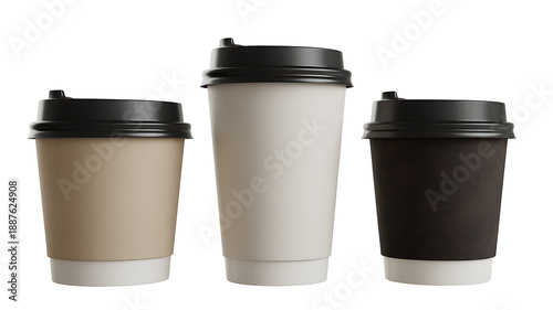 Wallpaper Mural Three assorted disposable coffee cups with black lids – kraft, white, and black – presented on a white background Torontodigital.ca