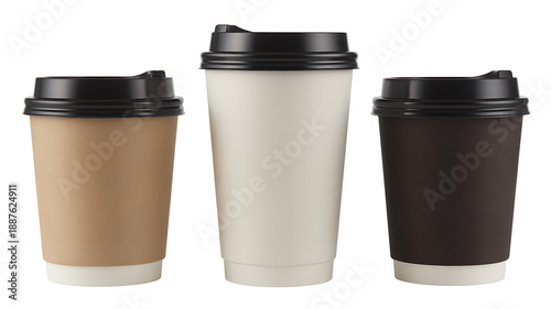 Wallpaper Mural Set of three takeaway coffee cups in different sizes and colors - brown, white, and black, with black lids, isolated Torontodigital.ca