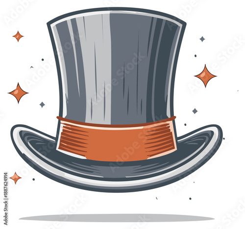 Stylized Top Hat with Orange Band and Sparkles