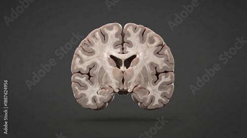Coronal view of a human brain slice, showcasing the intricate structure of the cerebral cortex and ventricles.