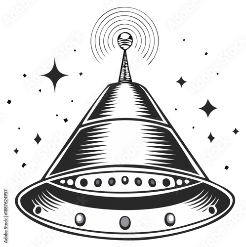 Retro UFO Illustration with antenna and star field, vector space art in black and white