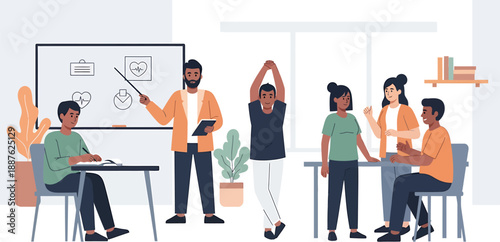 Diverse group of students and an instructor engaged in an interactive learning session, collaborating and discussing ideas in a modern classroom environment