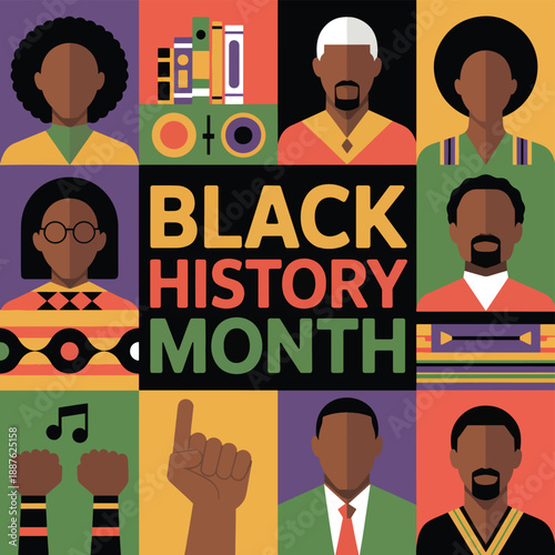 Colorful Black History Month Celebration with Diverse Portraits and Symbols historical figures