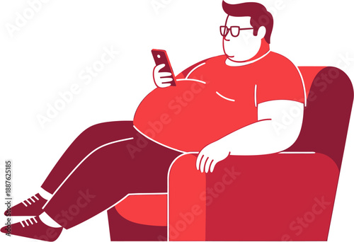 Overweight man sitting on a couch, engrossed in his smartphone, illustrating themes of modern sedentary lifestyles and technology addiction