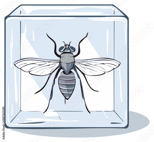 Illustration of a trapped insect in a transparent cube.