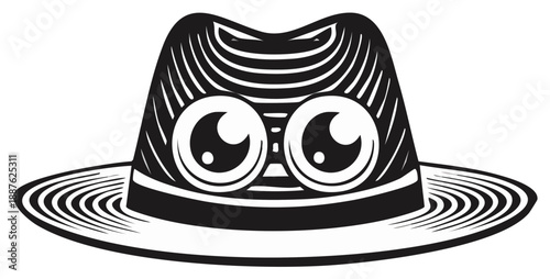 Stylized fedora hat with cartoon eyes illustration