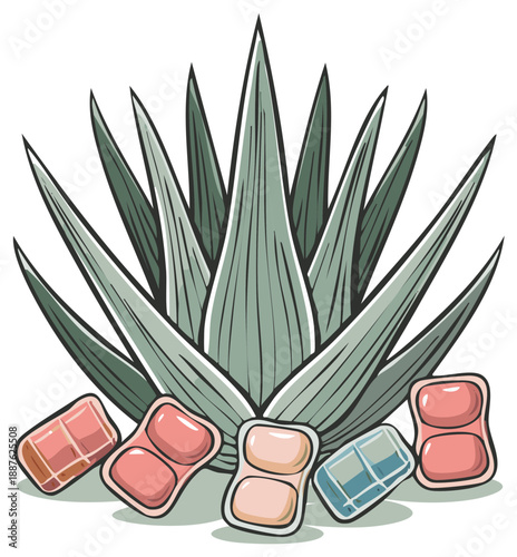 Blue agave plant with assortment of chewing gum packs in a cartoon style with outlines and shadows for a fun, refreshing scene