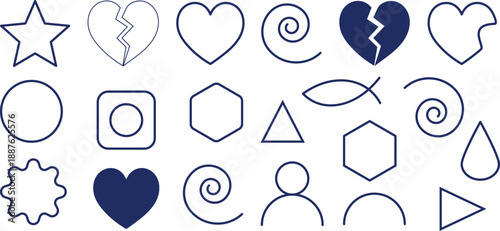 Geometric Icon Set With Hearts, Stars, Circles and Shapes for Creative Design Projects.