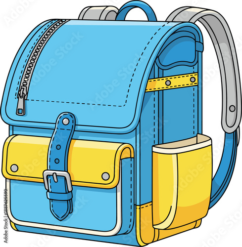 Blue and yellow school satchel backpack with straps and pockets isolated on white background vector illustration for student education and back to school concepts