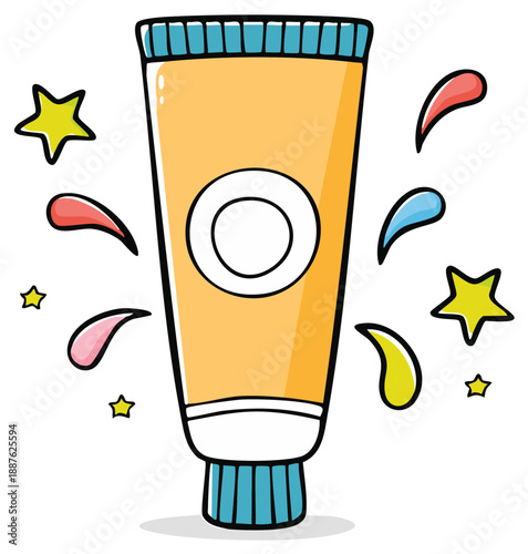 Bright orange cosmetic cream tube with colorful droplets and stars illustration
