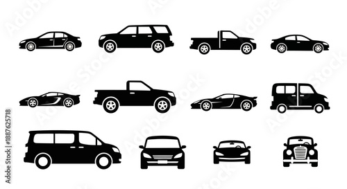 Collection of Black Car Silhouettes Various Vehicle Types.