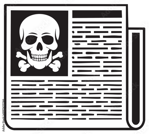 Skull and Crossbones Symbol on Newspaper Article Headline and Body Text