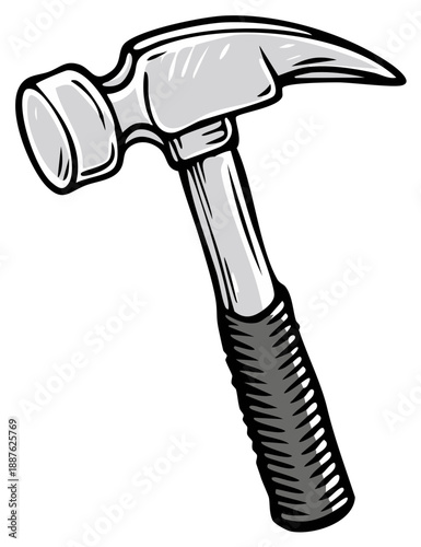 Cartoon illustration of a claw hammer tool with textured handle for construction and woodworking