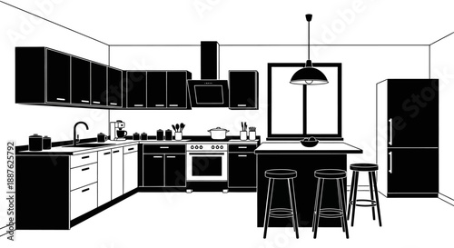 Modern Kitchen Interior Design Black and White Illustration.