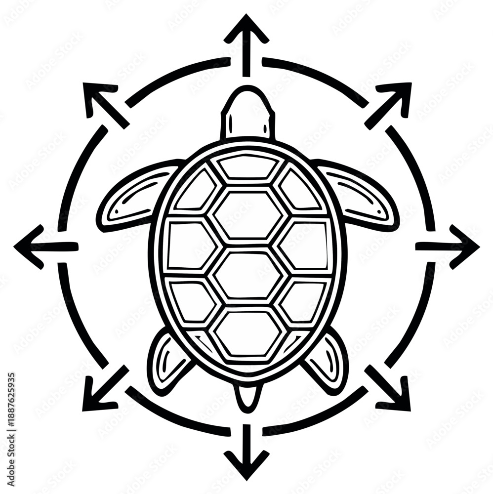 Obraz premium Stylized Sea Turtle with Navigational Compass Rose Arrows Indicating Directions