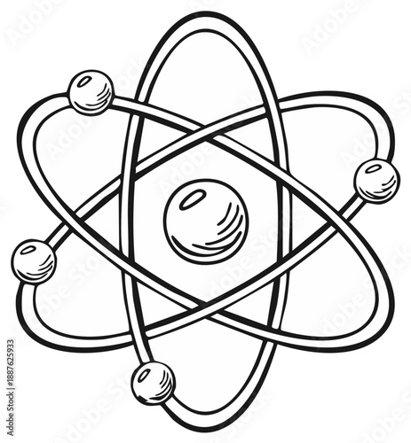 Atom model sketch with orbiting electrons as physics education concept illustration.