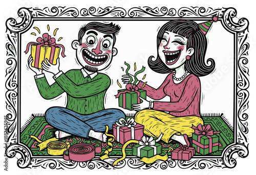 Cheerful cartoon couple exchanging gifts in festive setting