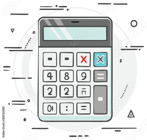 Hand drawn cartoon calculator with buttons and screen for counting and calculations