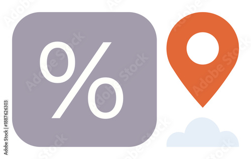 Discounts, navigation, location services, e-commerce, cloud storage, digital marketing. Percentage symbol, orange location pin and white cloud. Discounts and navigation services concept