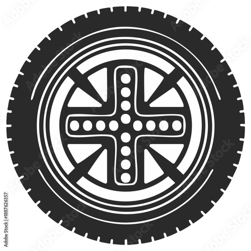 Stylized Illustration of a Car Tire and Wheel in Monochrome