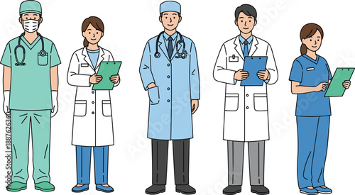 Group of professional medical staff characters including doctors surgeons and nurses standing together in uniforms isolated on white background flat vector illustration style.