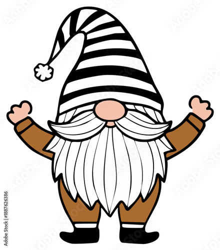 Whimsical gnome with striped hat and outstretched arms in cartoon style