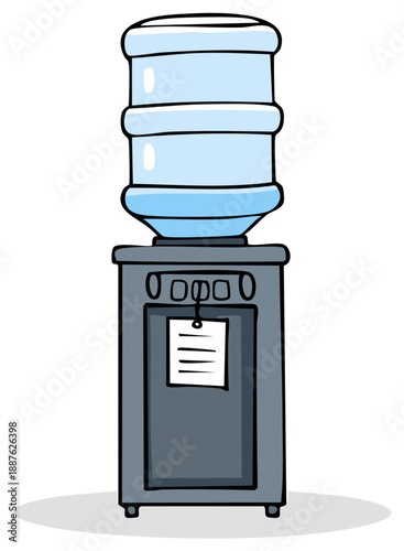 Cartoon style illustration featuring office water dispenser with reminder note attached for hydration or equipment maintenance concept