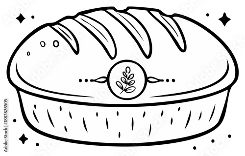 Freshly baked artisan bread loaf with decorative accents and botanical emblem, line art design.