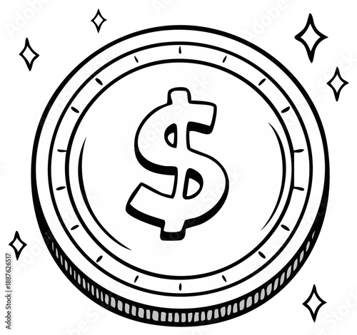 Illustrated dollar coin with sparkling diamond shapes for business or financial themes