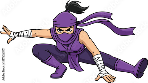 Powerful Female Purple Ninja Character in Action Crouching Pose with Hand Bandages Isolated on White Background for Martial Arts Mascot Design Vector Illustration