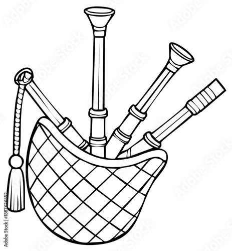Illustration of a traditional bagpipe musical instrument isolated against white background