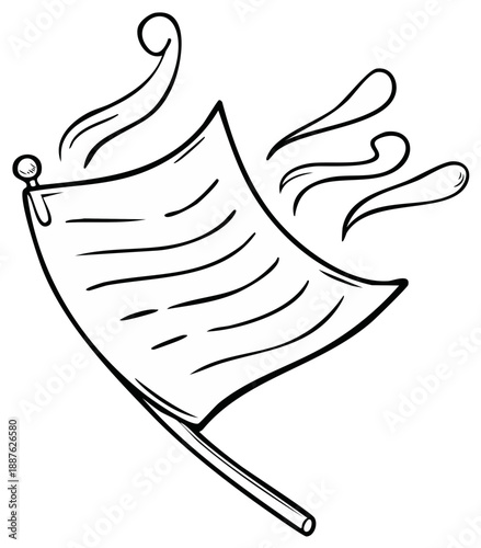 Hand drawn illustration of a flag waving energetically in the wind with stylized wind lines