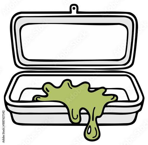 Open rectangular container with green goo spilling over the edge