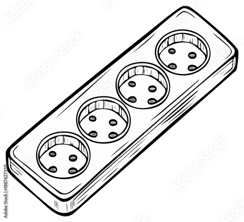 Outlined Electrical Power Strip with Four Sockets, Black and White