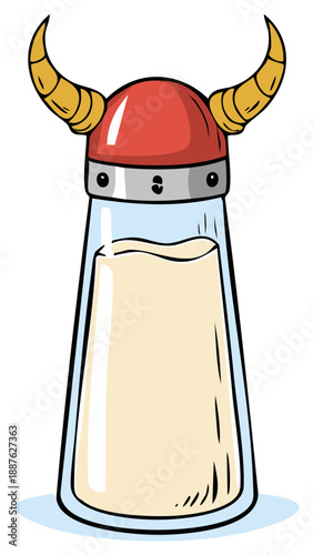 Whimsical cartoon salt shaker character wearing a red Viking helmet with horns