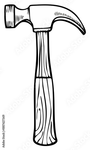 Detailed Line Art Illustration of a Traditional Claw Hammer with Wooden Handle
