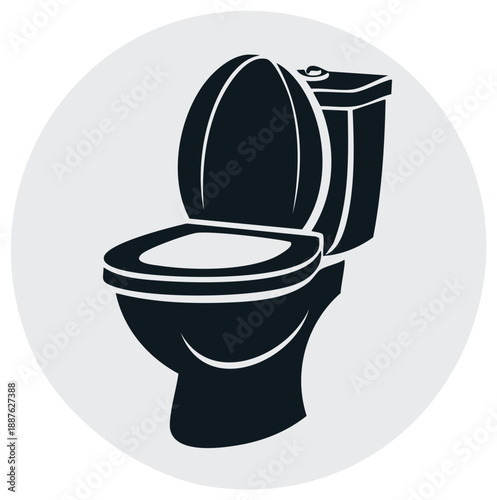 Black toilet silhouette graphic set in a light grey circle, modern bathroom fixture design.