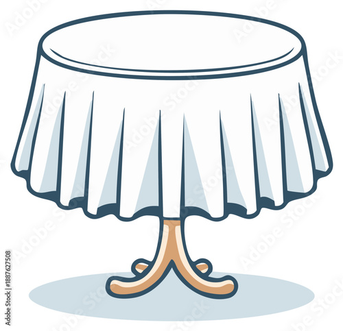 Cartoon illustration of a round table with a white tablecloth and a decorative base for dining or a cafe