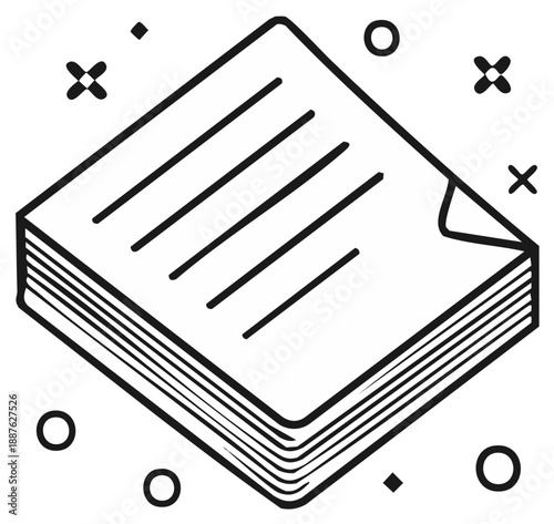 Stack of paper documents with corner turned up, black outline design