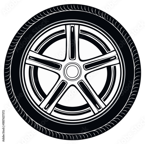 Automobile Tire Wheel with Chrome Rim Detail Automotive Vehicle Part Isolated